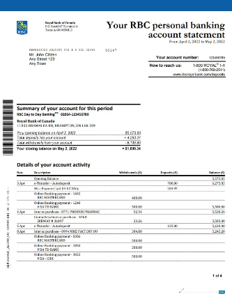 Download Canada Royal Bank of Canada (RBC) bank statement word 4 pages, version 2